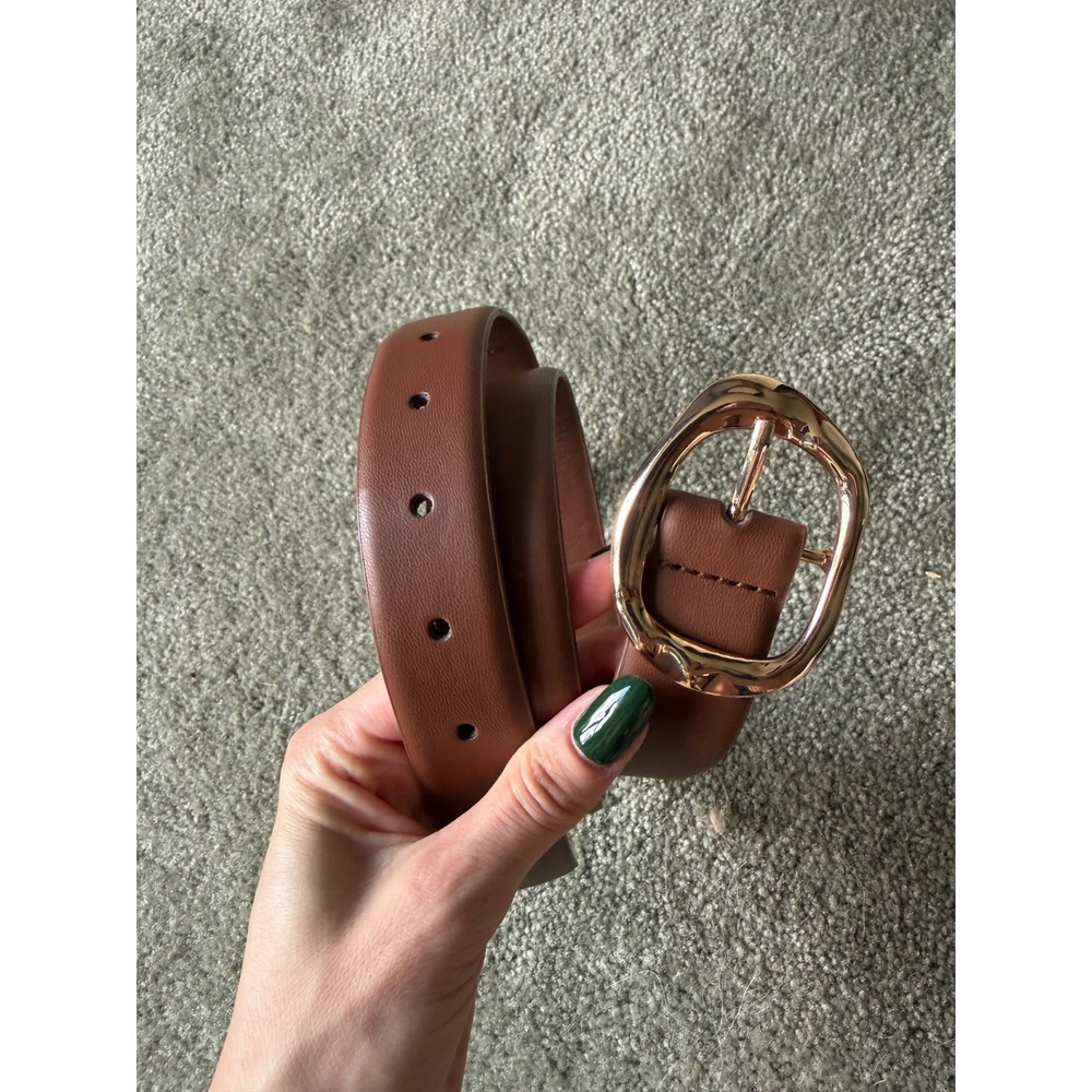 Womens Cognac Brown Faux Leather Belt Rose Gold Oval Hammered Buckle Accessory